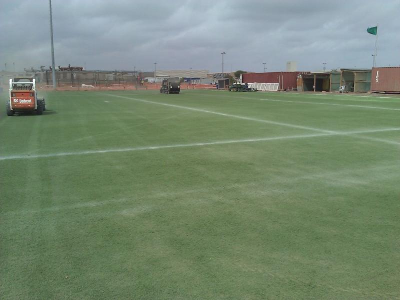 Refurbishing process on the artificial turf at Camp Lemonier